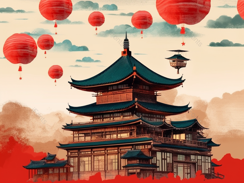 热气球升空古城古代建筑黄色天空山顶水墨写意古典主义绘画,插画/手绘图,插画/手绘图库,插画/手绘图下载,插画/手绘